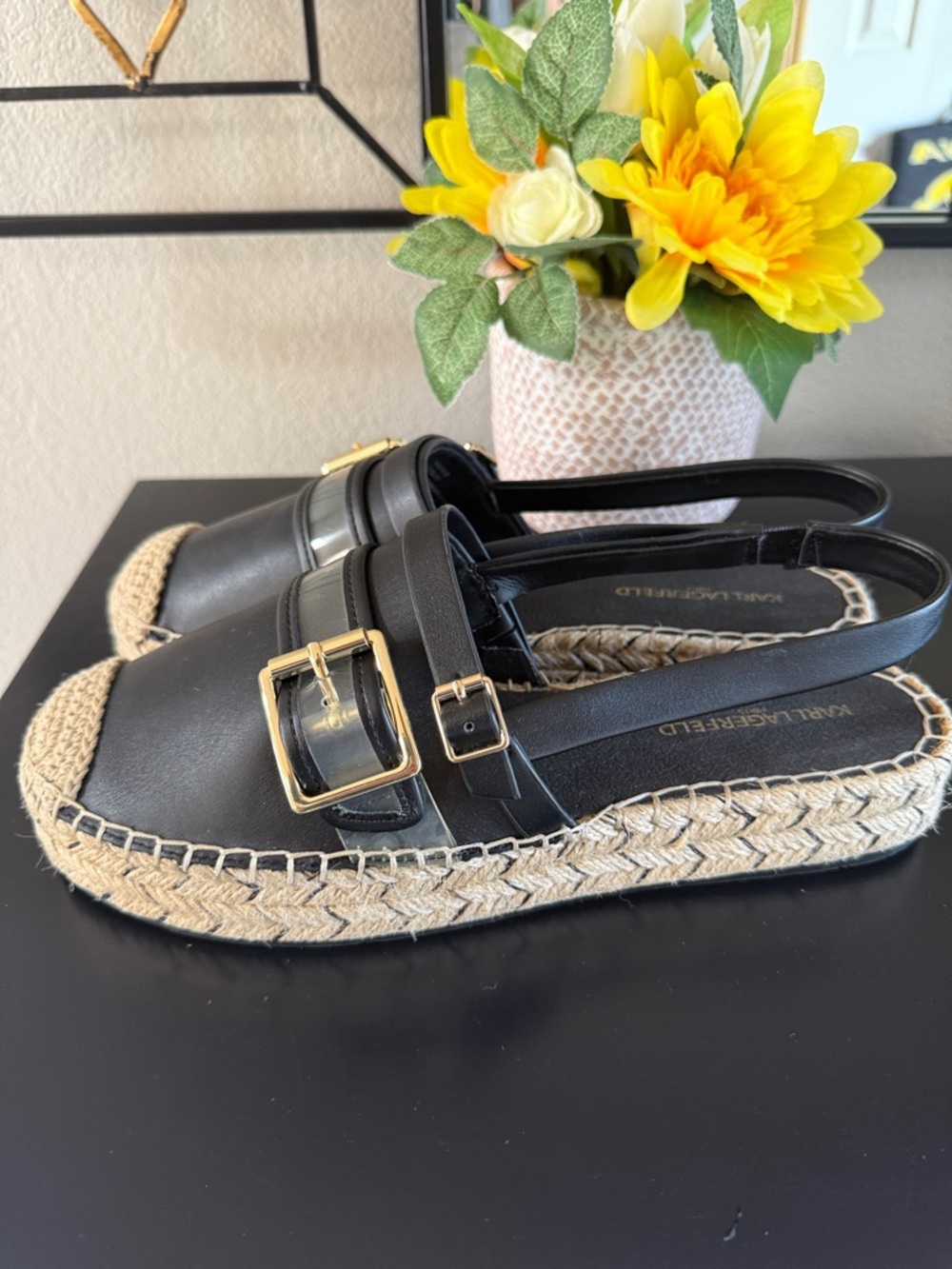 Karl Lagerfeld Black Espadrille Slingback Sandals with Gold Buckle - Picture 3 of 10